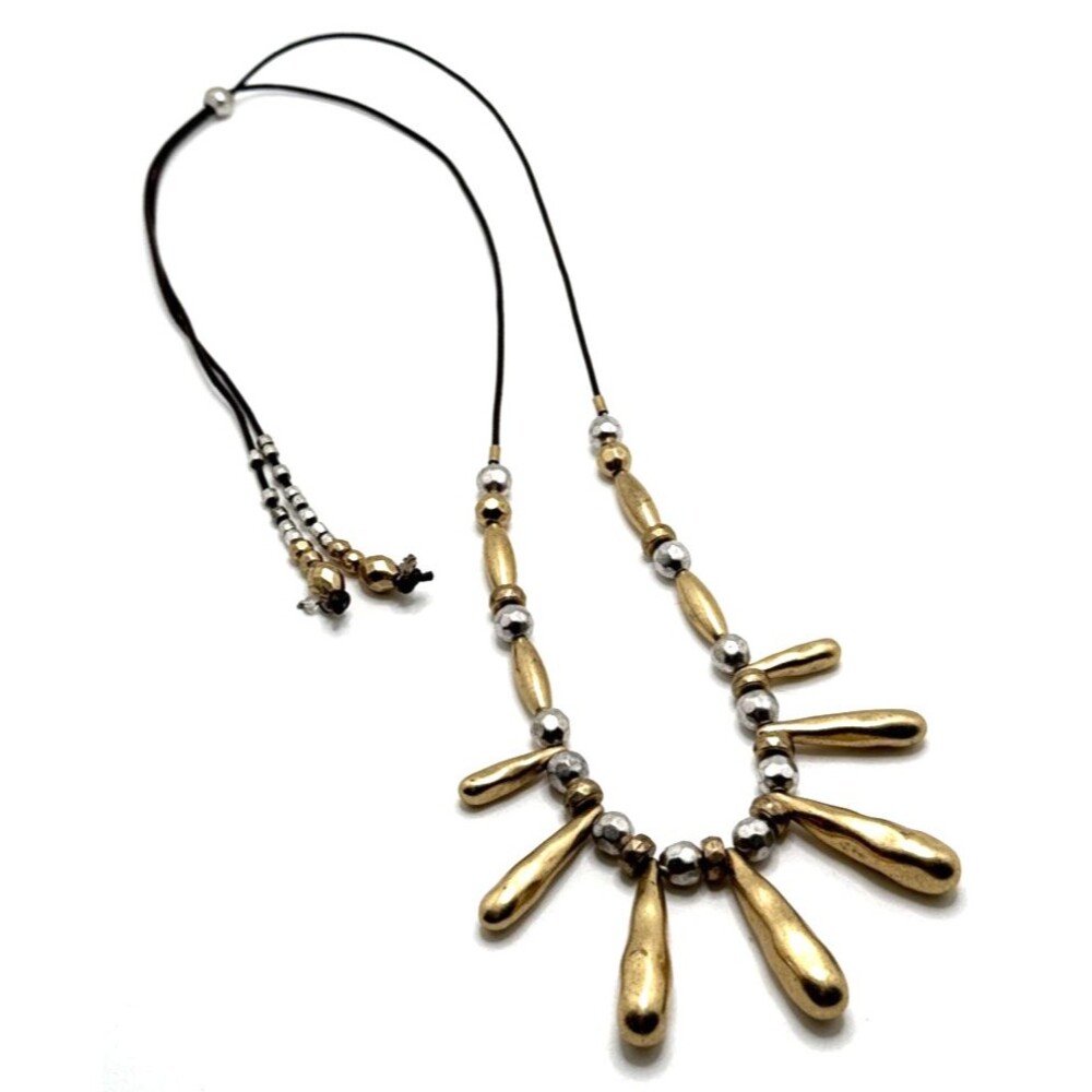 Lucky Brand Silver & Gold Tone Beaded Tribal Necklace Adjustable Leather Strand